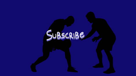 animación de texto de suscripción sobre la sombra de los oponentes de baloncesto jugando contra un fondo azul