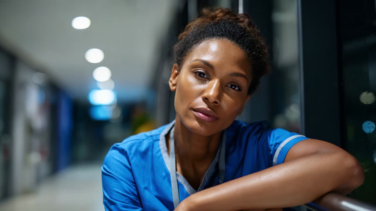 A thoughtful healthcare professional in scrubs takes a moment to reflect during a quiet night shift, embodying the dedication and resilience required in the medical field amidst a demanding environment
