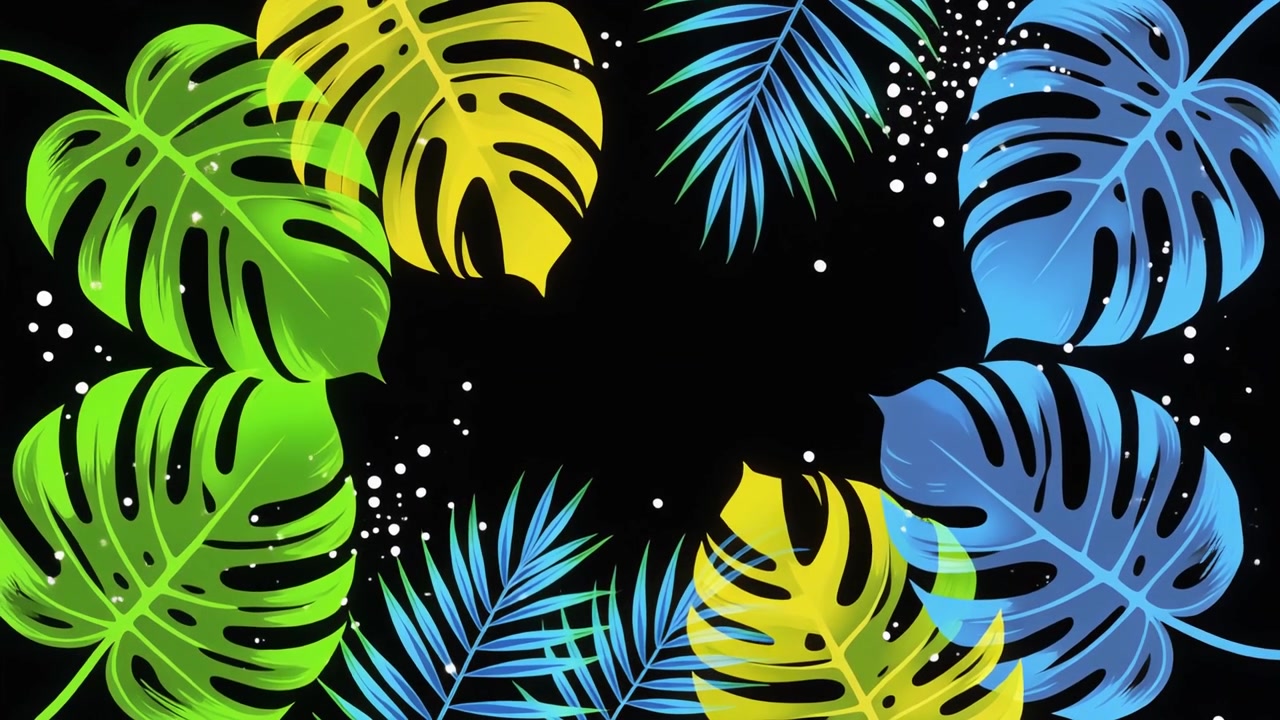 Animated Tropical Leaves Frame with Floating Particles on Black Background