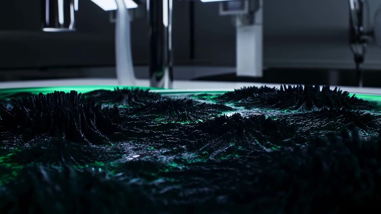 Low-angle close-up of ferromagnetic liquid in shallow circular dish with dense black spikes, clustered peaks, ridges, glossy reflections, and soft emerald glow creating scientific abstract texture