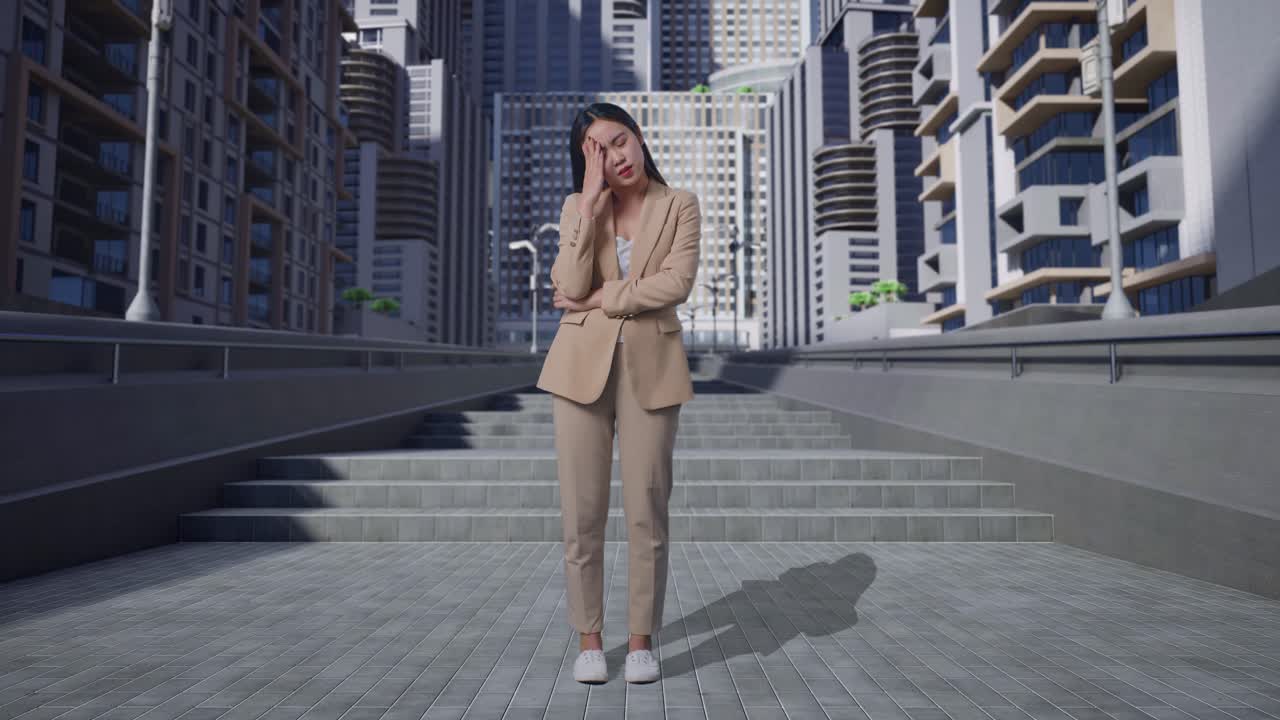 Full Body Of Asian Business Woman Having Headache While Standing On The City Street