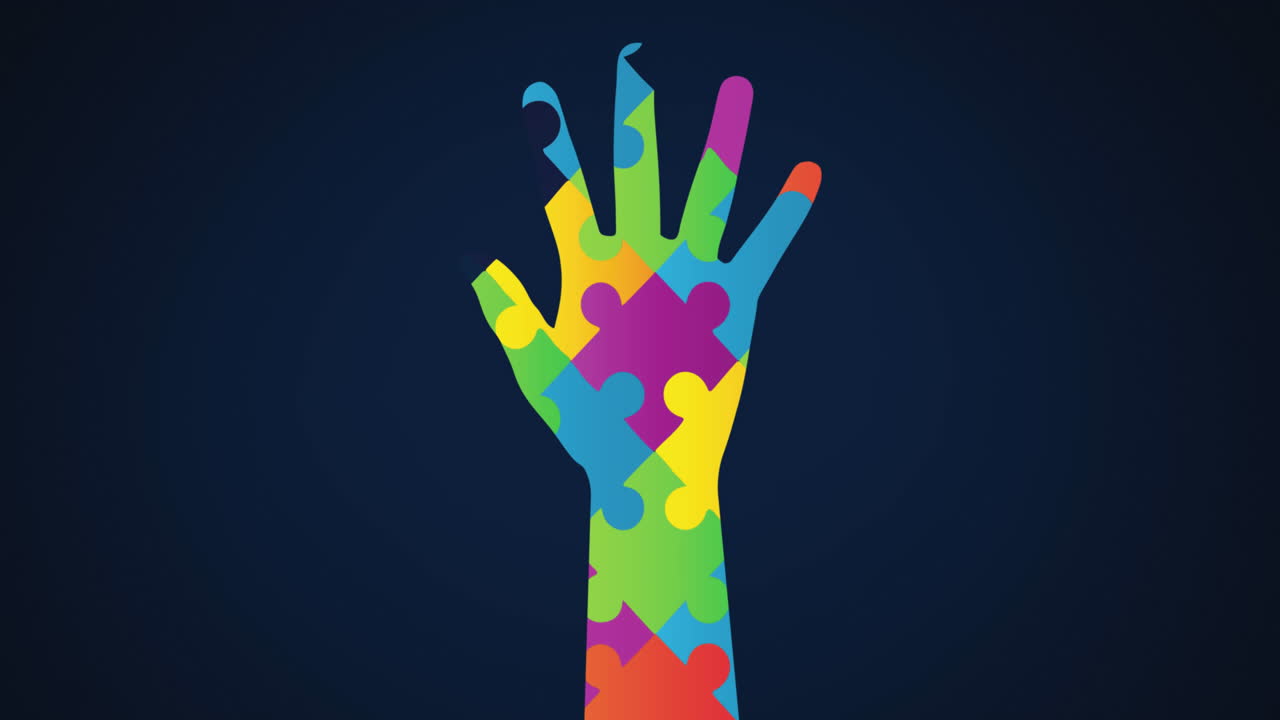 Animation of multi coloured puzzle elements forming hand, symbol of Autism Awareness Month symbol