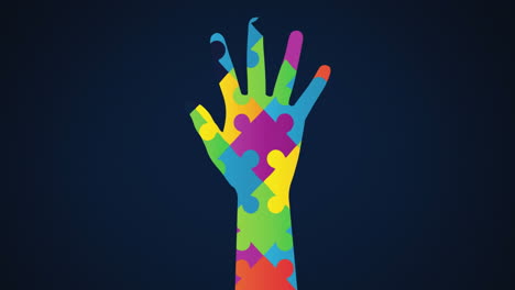 animation of multi coloured puzzle elements forming hand, symbol of autism awareness month symbol