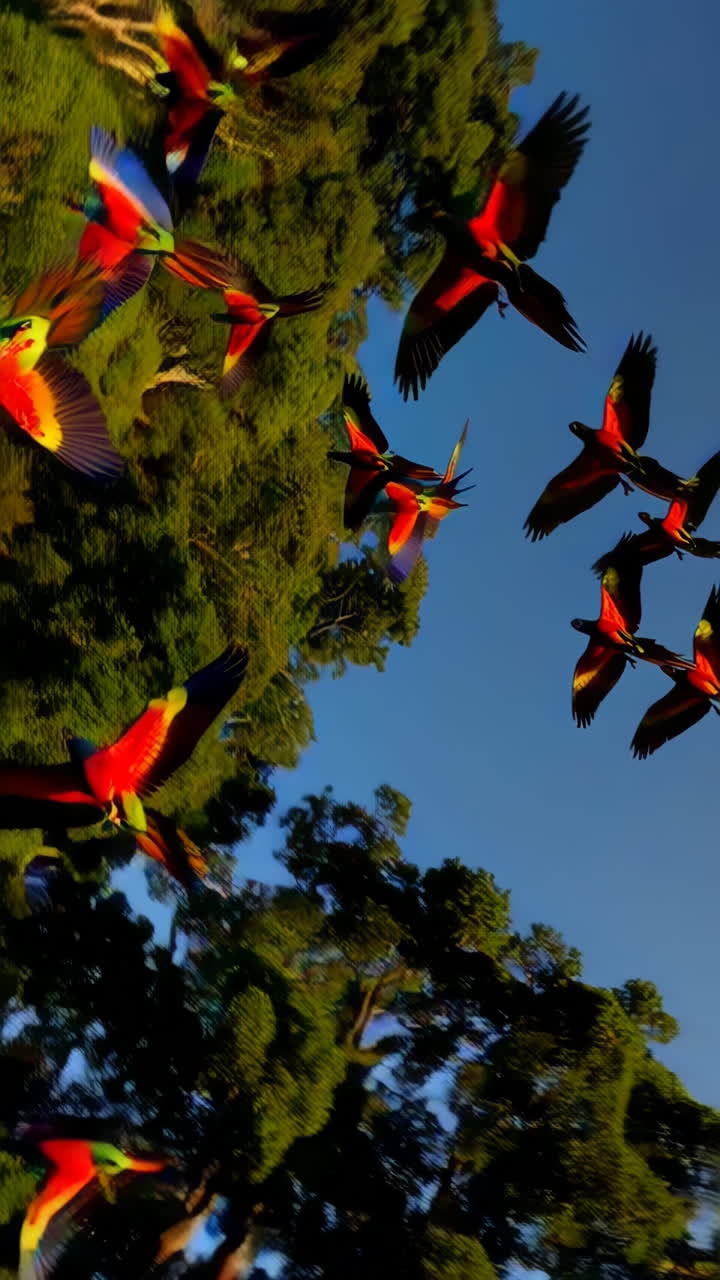 Colorful Parrots Soaring Through a Lush Forest Canopy