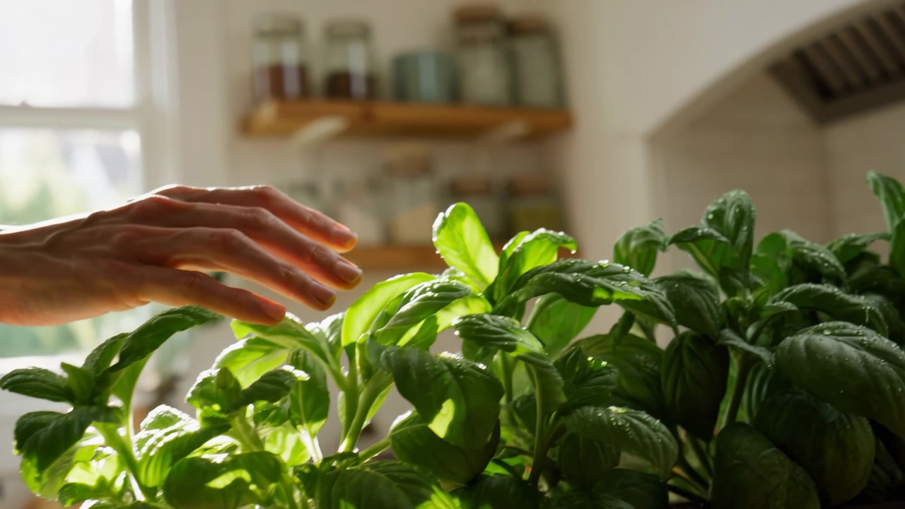 Una mano si protende da sinistra per toccare delicatamente una rigogliosa pianta di basilico accanto a una finestra luminosa, con una morbida luce mattutina e uno sfondo sfocato di una cucina domestica