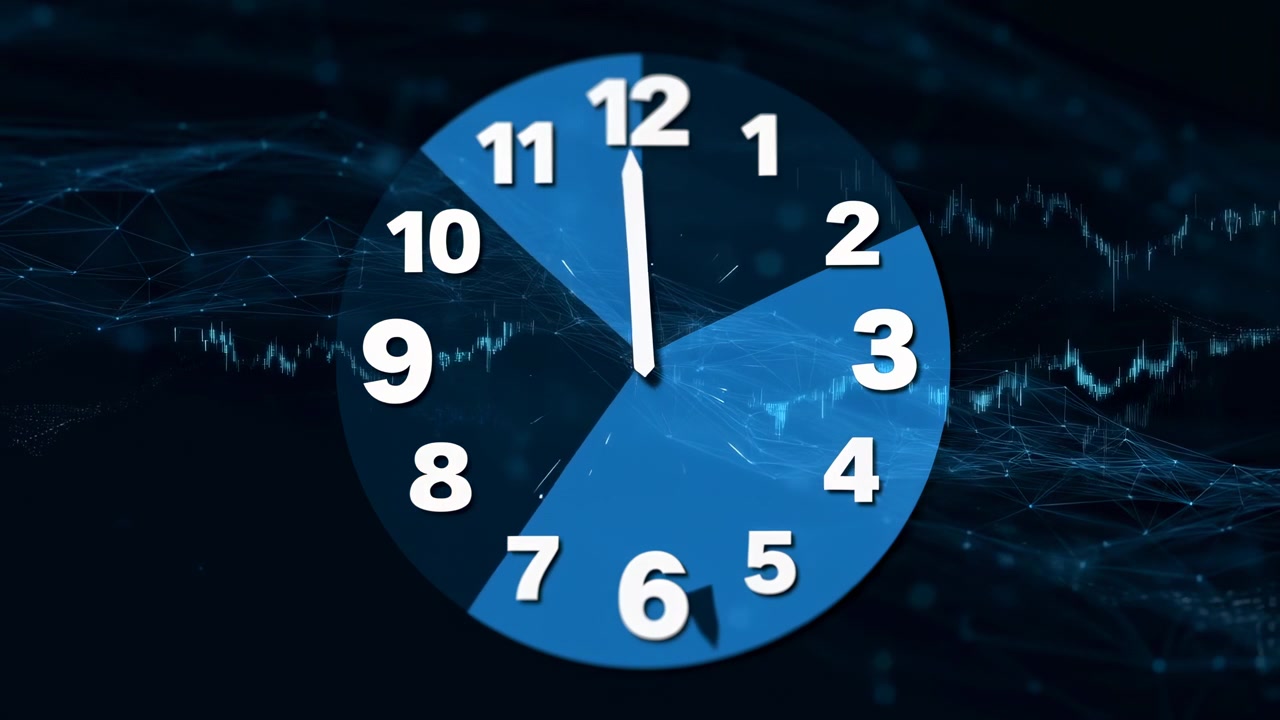 A clock's tick-tock progression is captured against a dark, abstract background with a digital display, emphasizing the passage of time and serene timekeeping technology in a clean, blue.