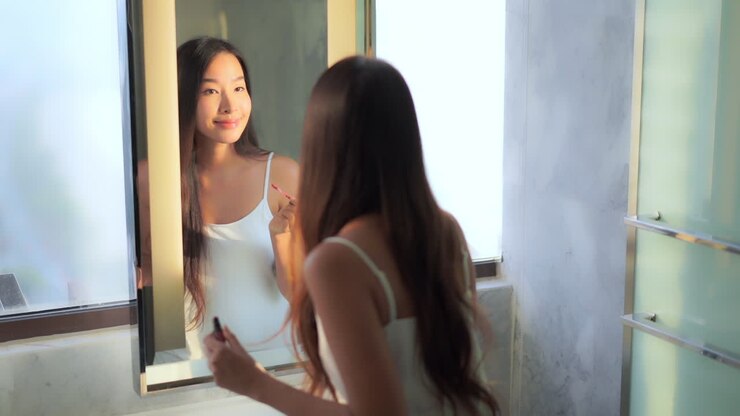 Bella donna asiatica che si mette il rossetto davanti allo specchio del bagno, movimento rallentato a campo intero.