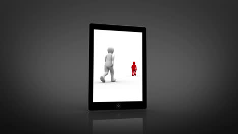 caracteres blancos y rojos caminando mostrados en una tableta digital