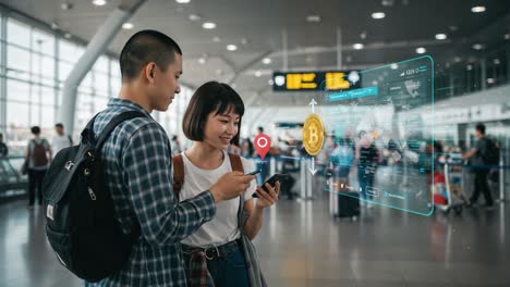 engaged in digital finance: a young couple exploring cryptocurrency exchange options at an airport terminal with futuristic technology surrounding them
