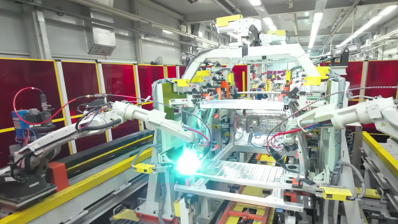 Close up view robot arm inspecting an automobile assembly line works in a factory that assembles lithium or sodium batteries used in cars or electric vehicle