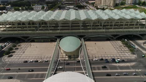 aerial footage of park of the nations in lisbon