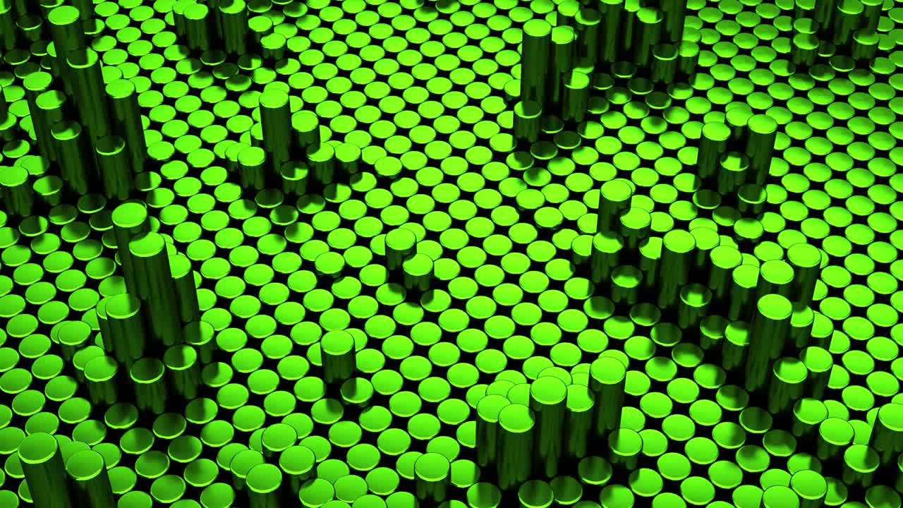 fondo cromado metálico verde abstracto con cilindros. azulejos cerámicos redondos. patrón de geometría. células aleatorias. superficie poligonal brillante. abstracción futurista. bucle sin costuras animación 3d de 4k