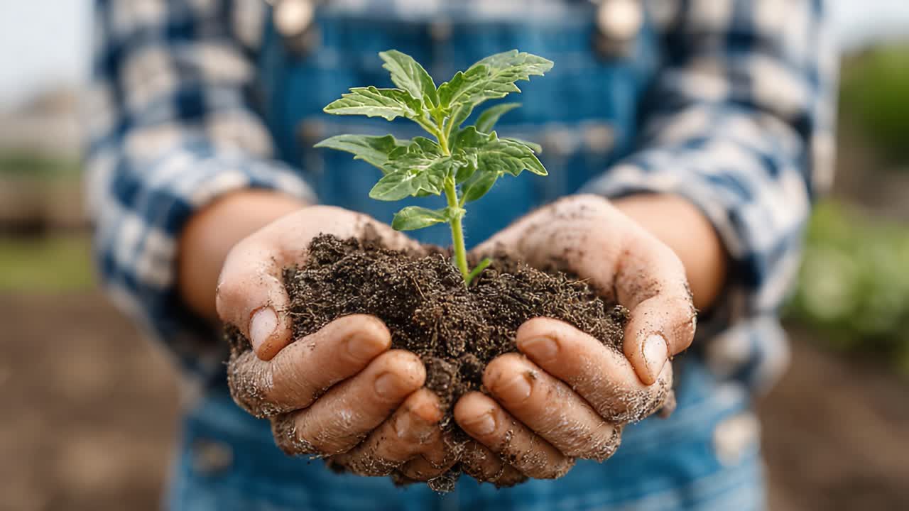 Hands Cradling a Young Plant Surrounded by Rich Soil, Symbolizing Growth, Nurturing, and Environmental Stewardship in Agriculture