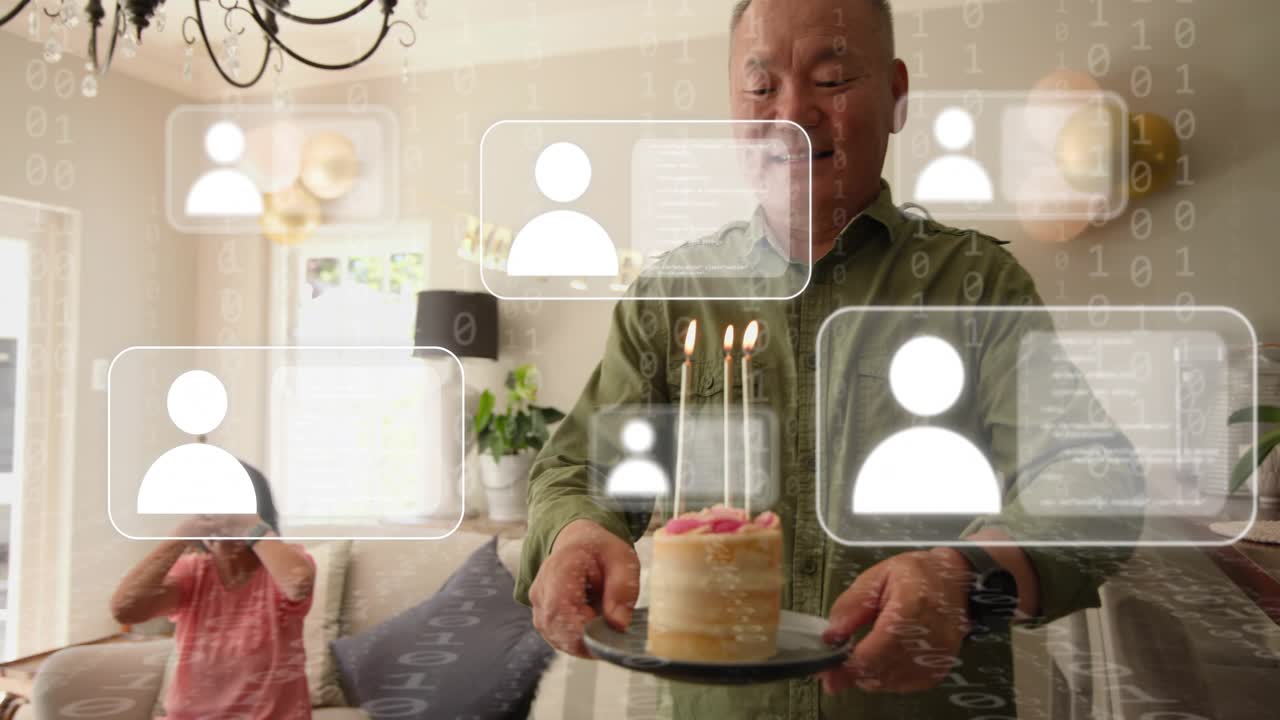 Man lighting candles at home for birthday, presenting cake while AR globe linking remote guests