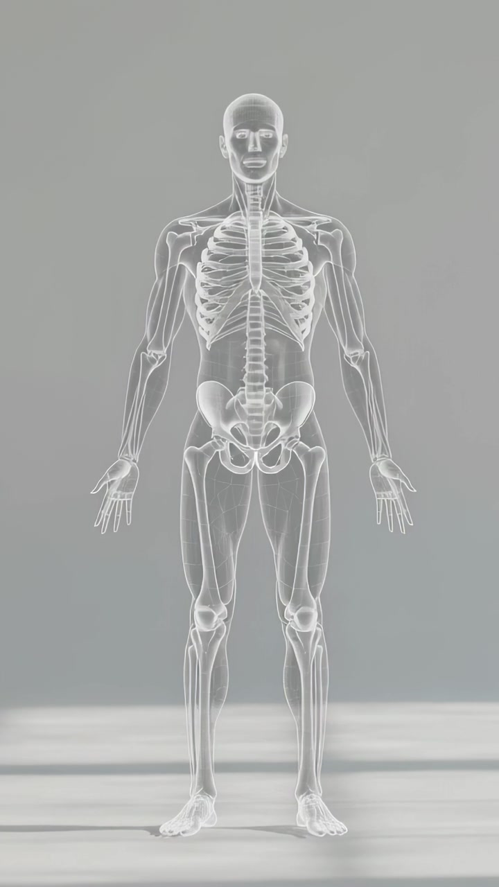 Video verticale: Modello anatomico che si apre, in posizione frontale in uno studio grigio, mostrando la colonna vertebrale a scopo di studio.
