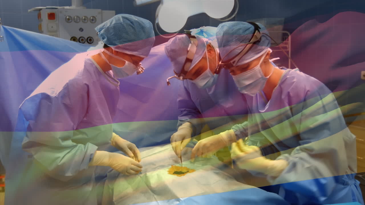 수술실에서 외과 의사 들 위 에 흔들리는 독일 국기 의 애니메이션