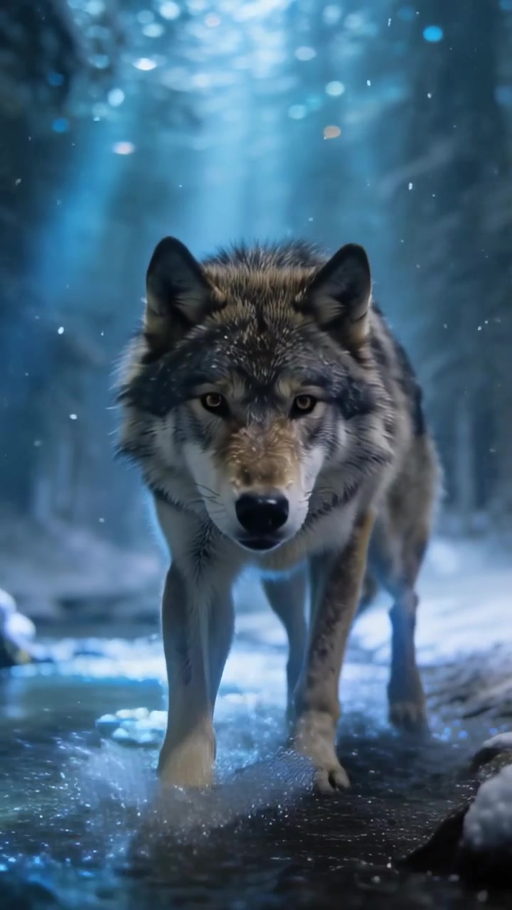 Vertical video: Stepping into stream, gray wolf moving through snow forest toward camera, checking