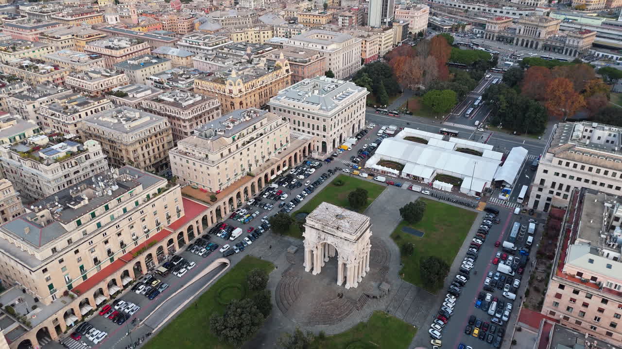 Aerial view of Genova's Piazza della Vittoria, a busy urban square