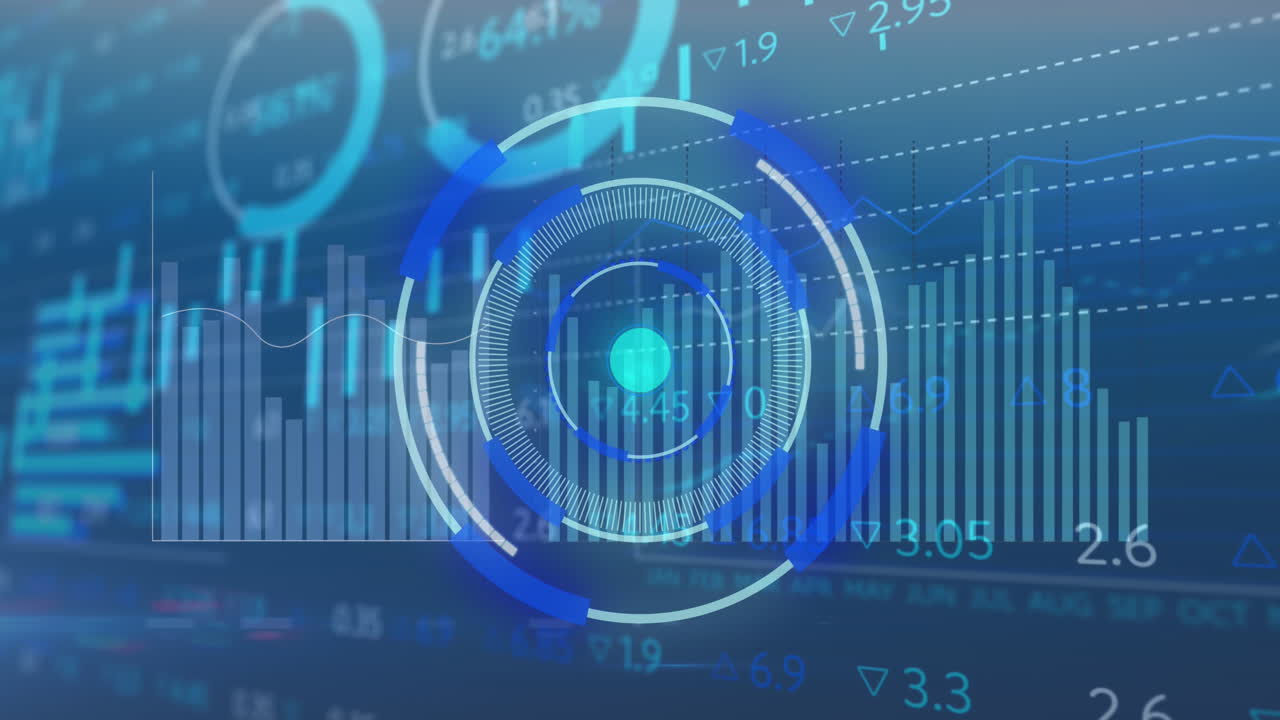 animación del procesamiento de datos financieros a través del escaneo de alcance sobre fondo azul.