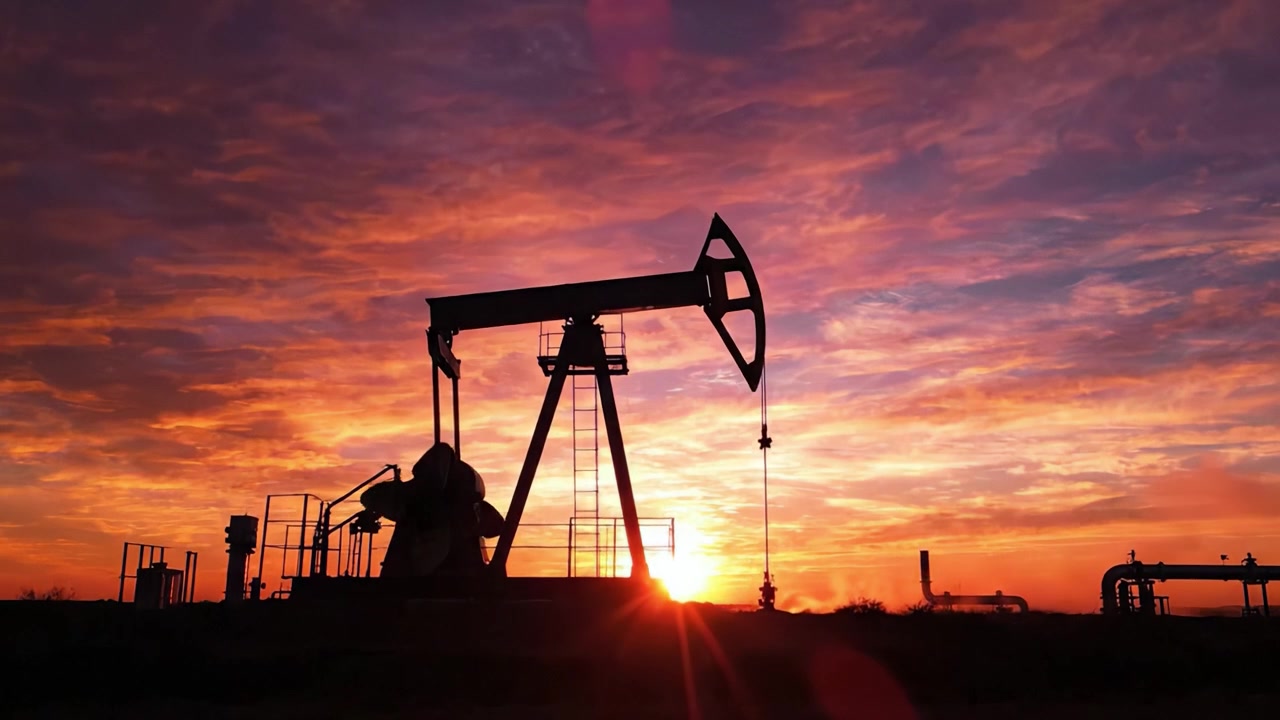 Silhouetted Oil Pump Jack Against a Vibrantly Colored Sunset Sky Highlighting the Intersection of Nature and Industry in an Oil Field