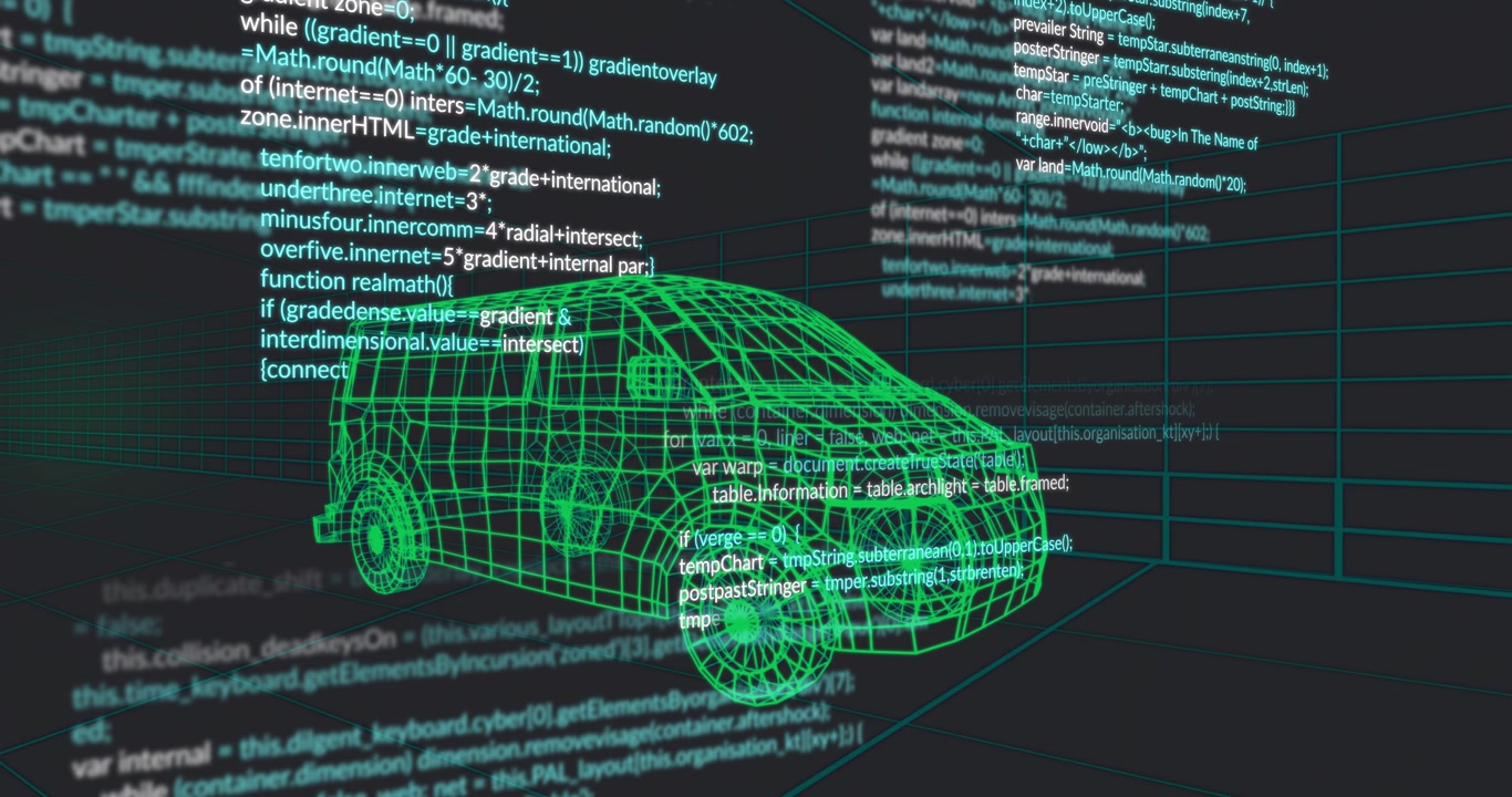 Code scrolling behind wireframe van on grid, intensifying then fading, revealing vehicle design