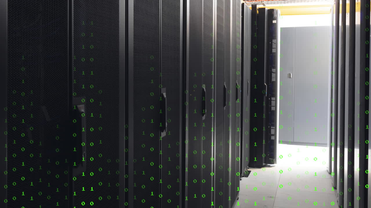 Animation of green numbers falling over servers