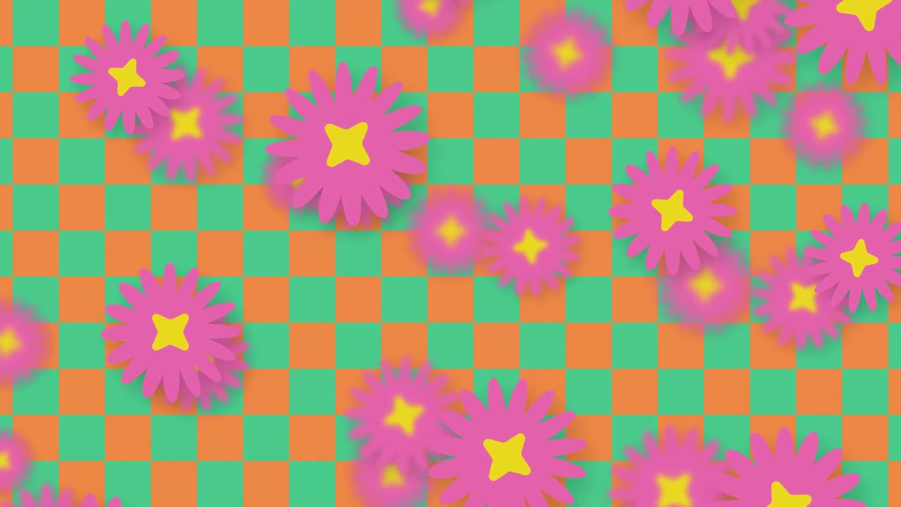 Stylized pink flowers fall continuously against a vibrant green and orange checkered pattern background.