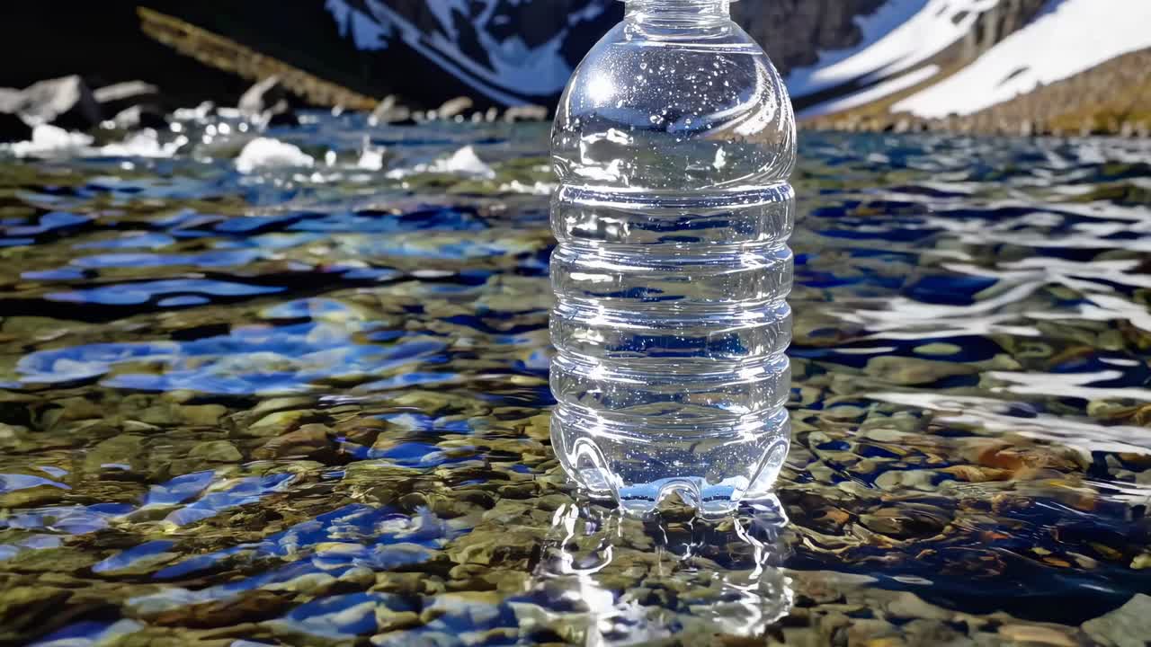 Video lähikuvana muovisesta vesipullosta, joka kelluu kirkkaassa vuoristopurossa. Kuvattu alhaalta.