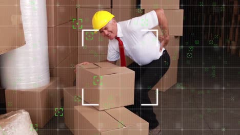 animation of moving frames over senior caucasian worker with back pain carrying carton