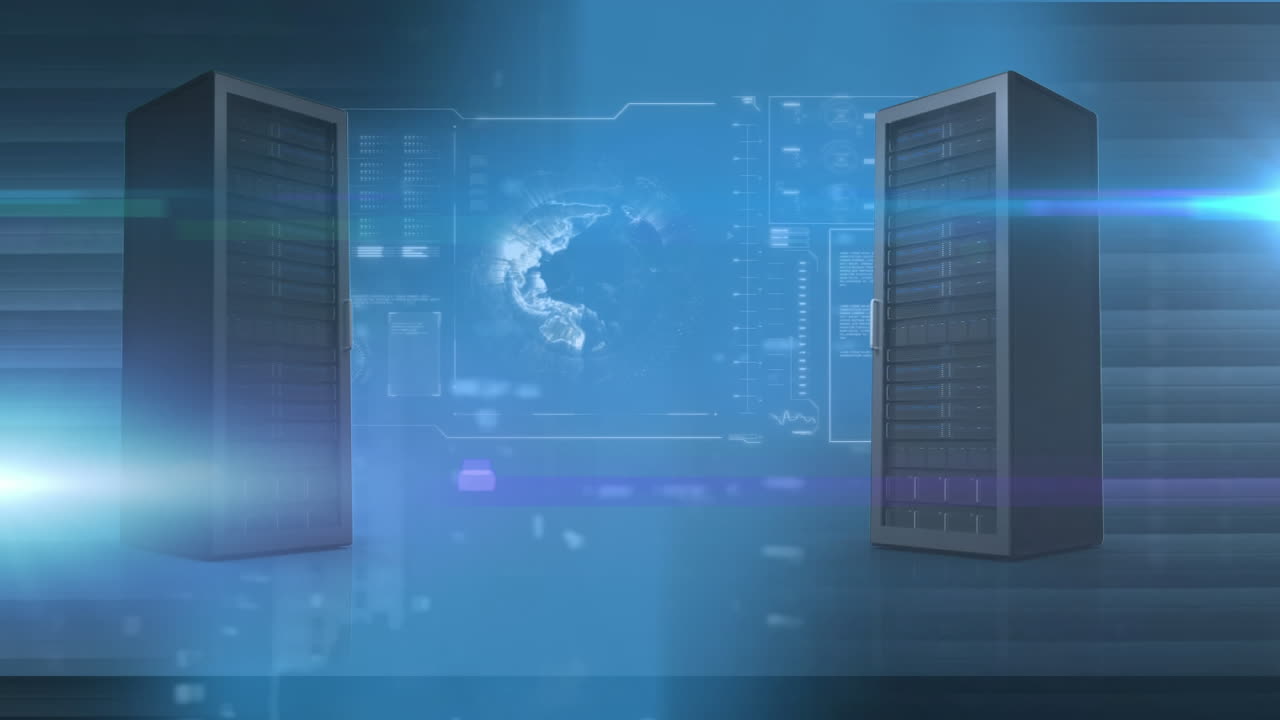 animación del procesamiento de datos en pantalla con dos servidores de computadora sobre un fondo azul