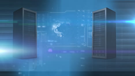 animación del procesamiento de datos en pantalla con dos servidores de computadora sobre un fondo azul