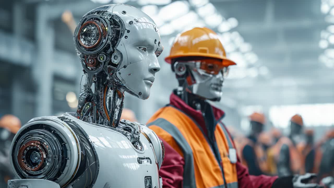 A Glimpse into the Future: Advanced Robotics and Human Collaboration in Modern Industry Showcased in This Captivating Scene of a Futuristic Workplace