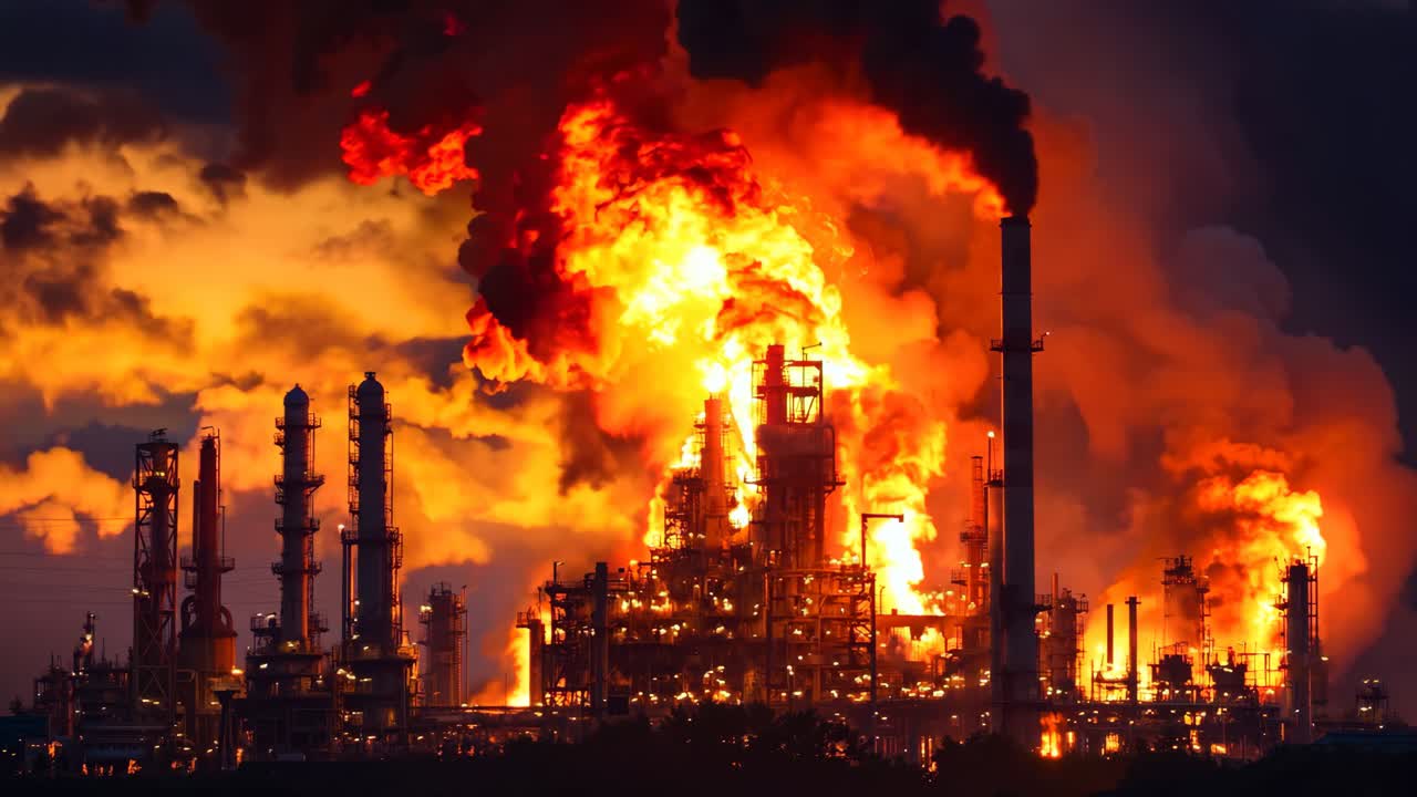 una gran refinería de petróleo con mucho humo saliendo de ella