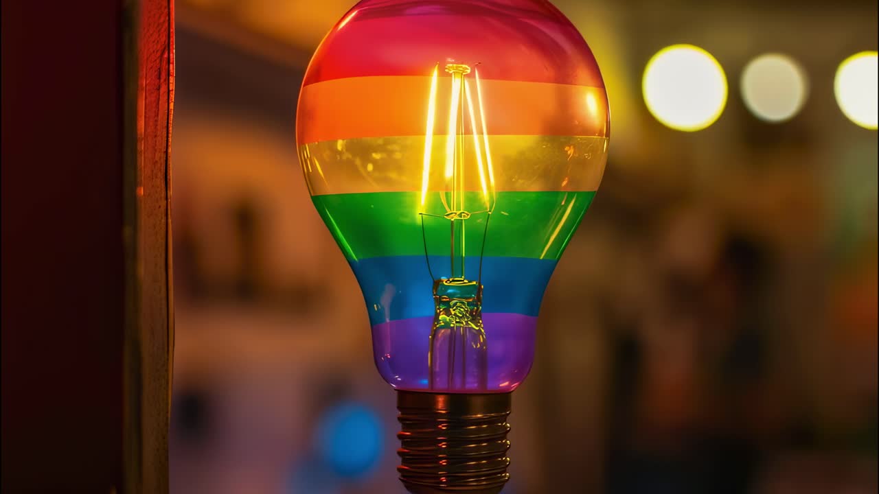Multicolored illuminated light bulb casting vibrant glow against dark background, symbolizing diversity, inclusivity, and social acceptance through powerful visual metaphor