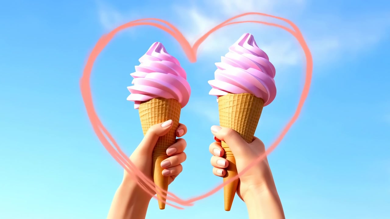 Mãos unidas apresentam duas casquinhas de waffle recheadas com sorvete soft rosa alto contra um céu azul claro, criando um clima de verão alegre com luz do dia brilhante, espirais cremosos e um contraste de cores divertido.