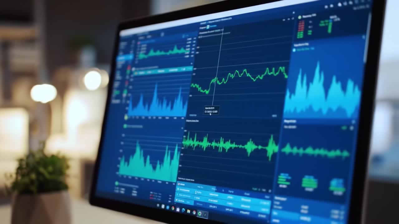 Data visualization displays dynamic stock market trends with various graphs and charts on a computer screen during a working session. The setup features a modern workspace with subtle lighting.