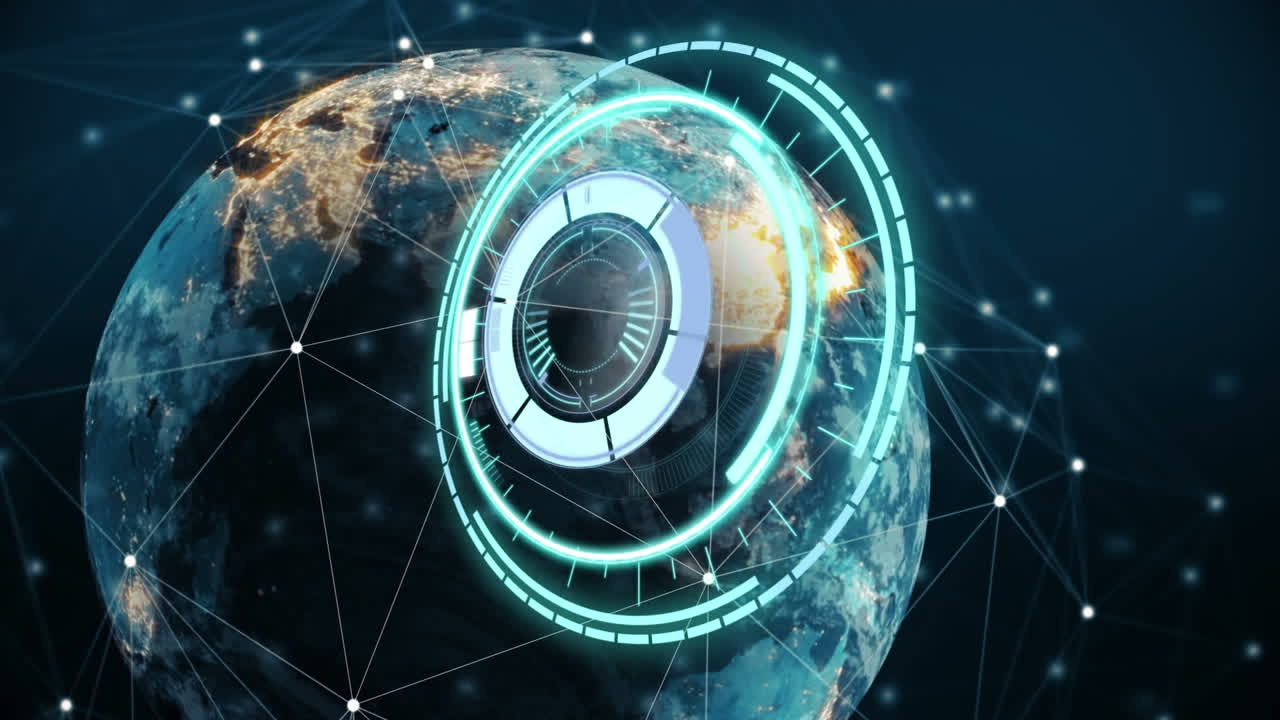 Animation of network of connections and scan scoping over globe on dark background