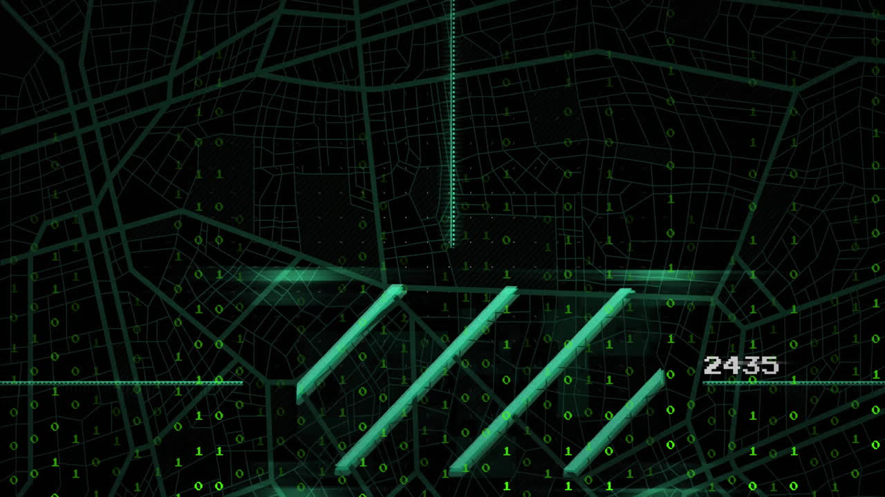 Digital map with animation overlaying binary code and numerical data visualization
