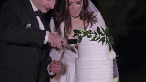 Newlyweds-cut-the-wedding-cake,-lovely-bride-and-groom-couple-cutting-dessert-with-a-knife-outdoors