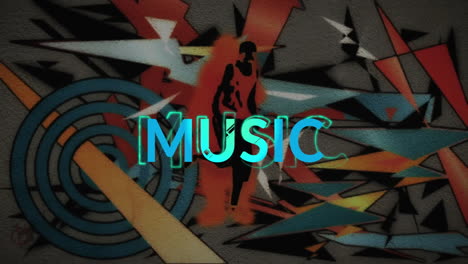 music text animation over abstract geometric shapes and colorful background