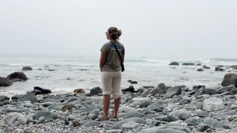 young caucasian traveler standing on a rocky beach in dana point california taking in the foggy view wearing sunglasses and rolled up bootleg sweat pants static shot