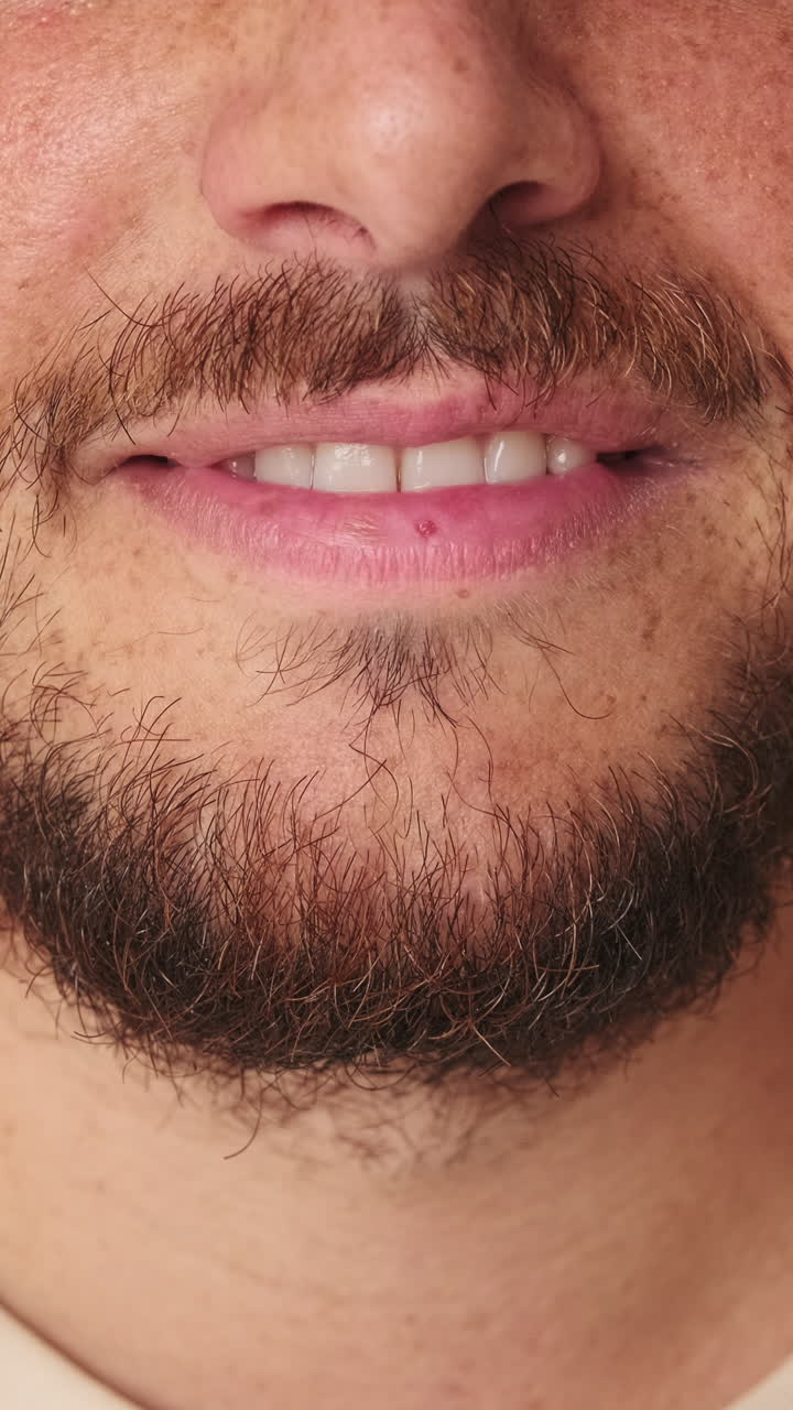 Close-up of a Bearded Man Smiling and Showing Teeth