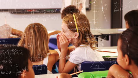 animation of mathematical equations against caucasian girl whispering in ear of girl at school