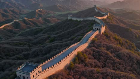 cgi drone aerial view of the great wall of china, highlighting its historic significance and the stunning mountain landscapes that surround this ancient landmark.