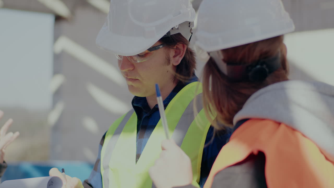 Young female and male coworkers wearing hardhats listening to engineer instructing at construction site