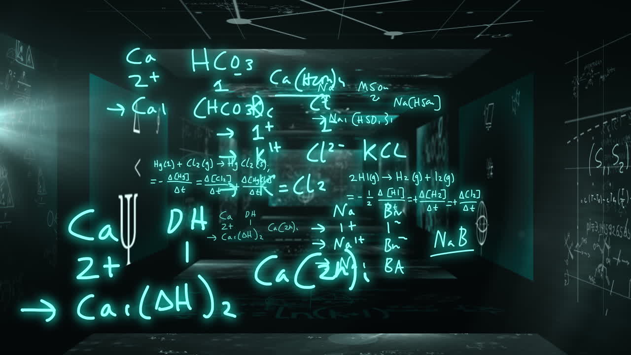 animación de fórmulas matemáticas y procesamiento de datos científicos sobre un fondo negro