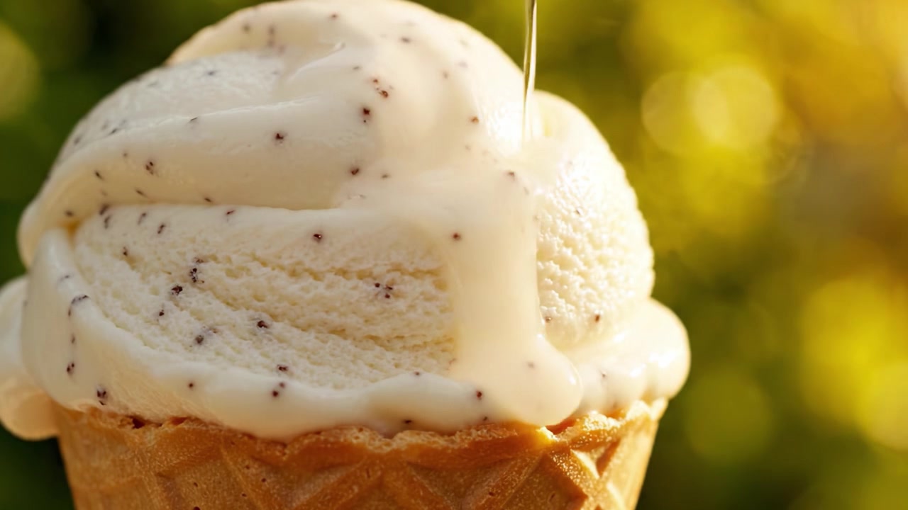 Delicioso cone de sorvete derretendo sob a luz do sol, com sabor cremoso de baunilha e espirais de chocolate escorrendo pelo cone em um ambiente de verão ao ar livre.