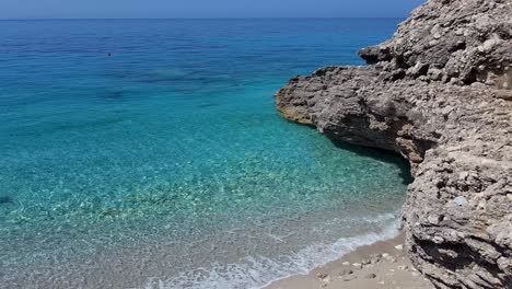 shiny day on a calm beach, azure waters gently washing over rocks, creating a serene coastal retreat in albania