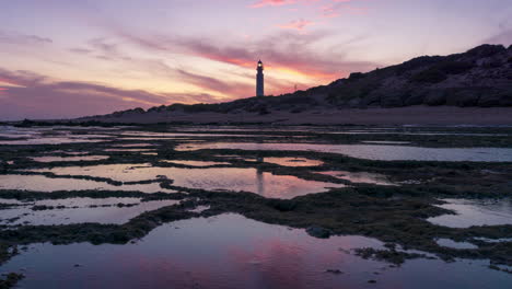 Beautiful-and-colorful-timelapse-of-sunset-in-Faro-de-Trafalgar-lighthouse,-Cadiz,-Spain