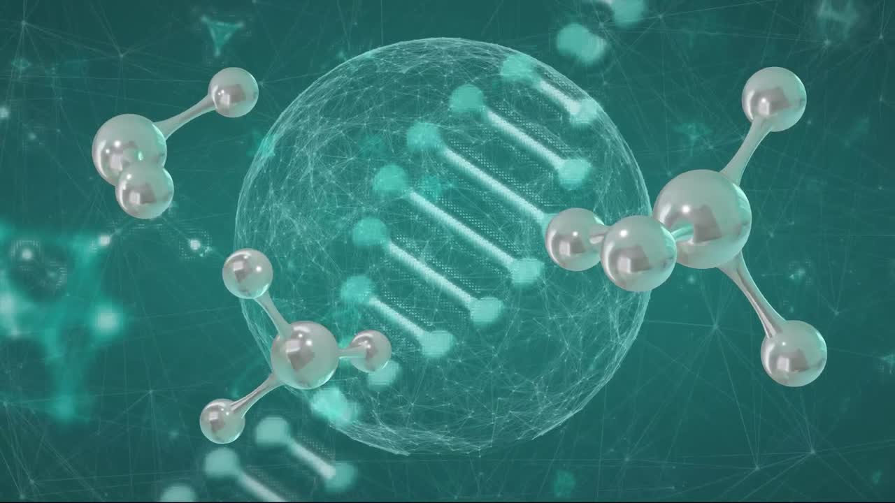초록색 배경에 분자, 지구, dna 줄기의 3d 마이크로 애니메이션